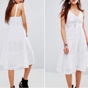 NWT Raga Eyelet Lace Tiered Midi Dress‎ V-Neck Smocked Back Boho Summer White